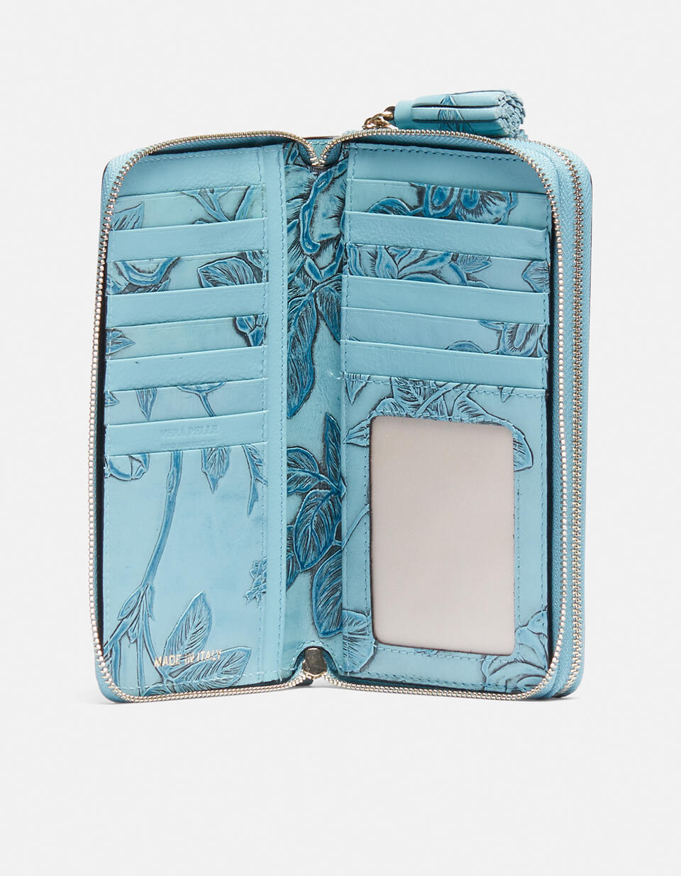 Kartenhalter mit doppeltem Reißverschluss Hellblau  - Damen Brieftaschen - Damen Brieftaschen - Brieftaschen - Cuoieria Fiorentina